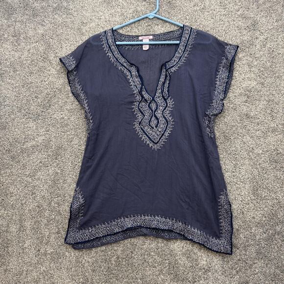 Calypso Shirt Womens Medium Blue Embroidered Tunic Boho Sheer Vanessa Cotton Top - Picture 1 of 7